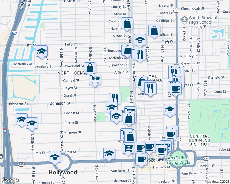 map of restaurants, bars, coffee shops, grocery stores, and more near 2234 Hayes Street in Hollywood