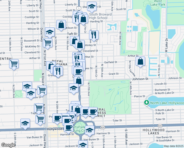 map of restaurants, bars, coffee shops, grocery stores, and more near 1018-1022 North 16th Avenue in Hollywood