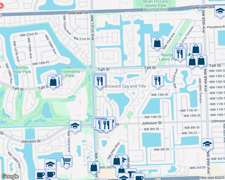 map of restaurants, bars, coffee shops, grocery stores, and more near 1531 Northwest 98th Avenue in Pembroke Pines