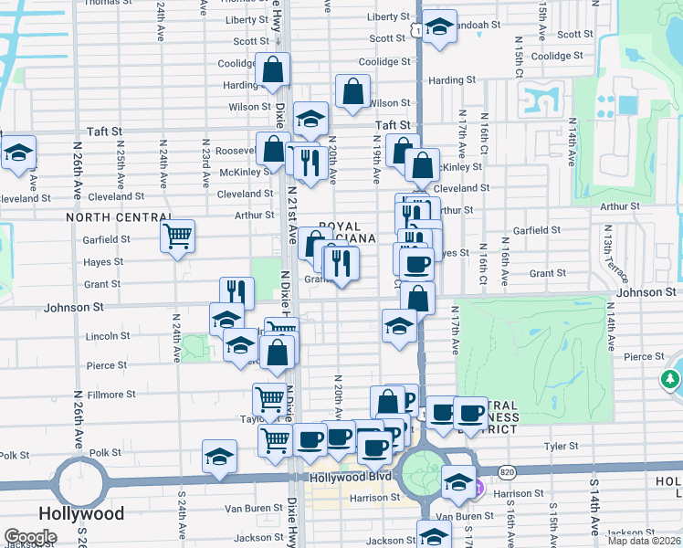 map of restaurants, bars, coffee shops, grocery stores, and more near 1940 Hayes Street in Hollywood