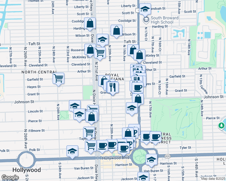 map of restaurants, bars, coffee shops, grocery stores, and more near 1940 Hayes Street in Hollywood