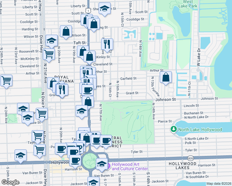map of restaurants, bars, coffee shops, grocery stores, and more near 1031 North 16th Avenue in Hollywood