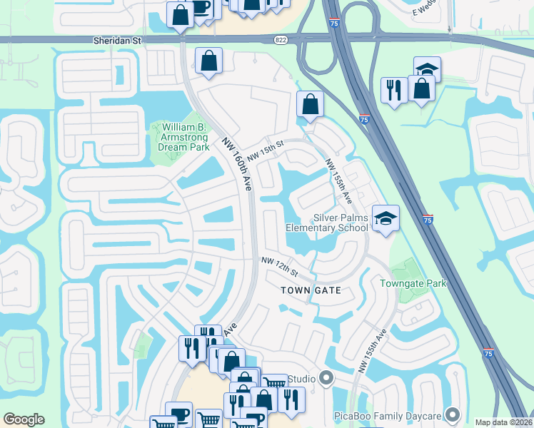 map of restaurants, bars, coffee shops, grocery stores, and more near 1395 Northwest 159th Lane in Pembroke Pines