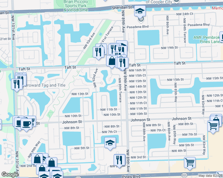 map of restaurants, bars, coffee shops, grocery stores, and more near 8958 Palm Tree Lane in Pembroke Pines