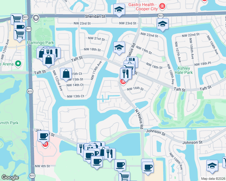map of restaurants, bars, coffee shops, grocery stores, and more near 11300 Northwest 16th Street in Pembroke Pines