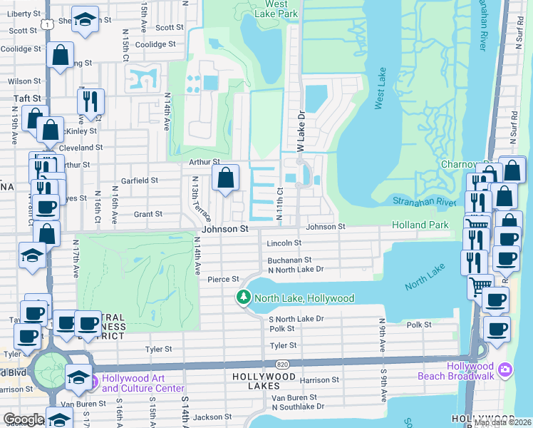 map of restaurants, bars, coffee shops, grocery stores, and more near 1163 Grant Street in Hollywood