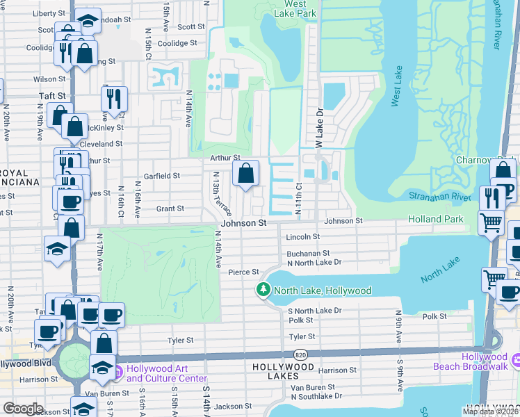 map of restaurants, bars, coffee shops, grocery stores, and more near 1011 North 12th Terrace in Hollywood