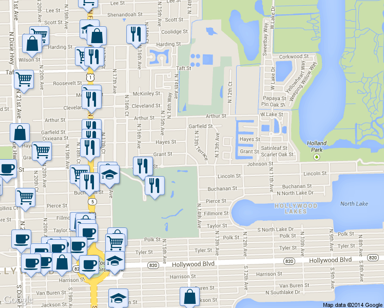 map of restaurants, bars, coffee shops, grocery stores, and more near 1012 North 13th Terrace in Hollywood