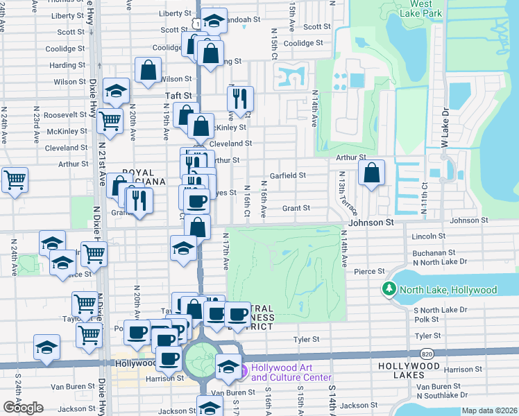 map of restaurants, bars, coffee shops, grocery stores, and more near 1031 North 16th Avenue in Hollywood