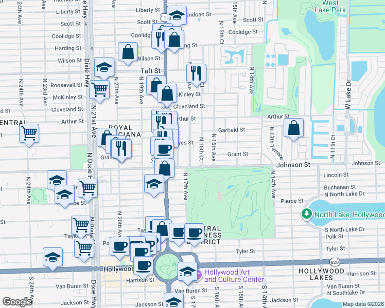 map of restaurants, bars, coffee shops, grocery stores, and more near 1018-1022 North 16th Avenue in Hollywood