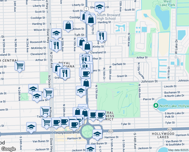 map of restaurants, bars, coffee shops, grocery stores, and more near 1025 North 17th Court in Hollywood