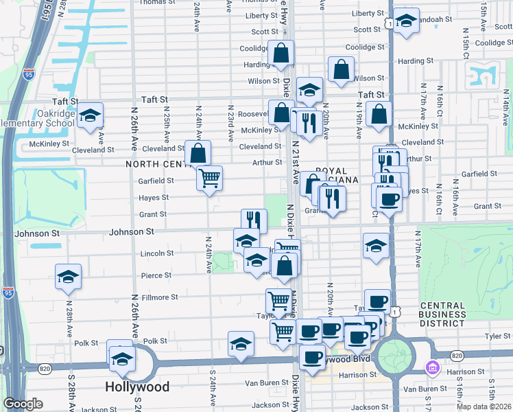 map of restaurants, bars, coffee shops, grocery stores, and more near 1101 North 22nd Avenue in Hollywood