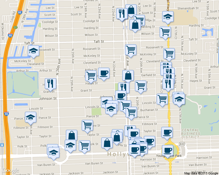 map of restaurants, bars, coffee shops, grocery stores, and more near 2234 Hayes Street in Hollywood