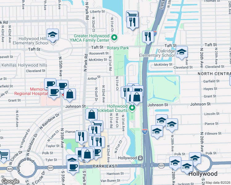 map of restaurants, bars, coffee shops, grocery stores, and more near 1008 North 31st Road in Hollywood