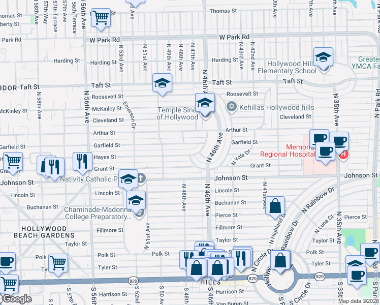 map of restaurants, bars, coffee shops, grocery stores, and more near 4712 Garfield Street in Hollywood