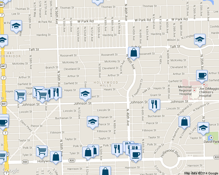 map of restaurants, bars, coffee shops, grocery stores, and more near 4906 Garfield Street in Hollywood