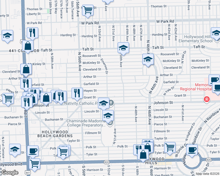 map of restaurants, bars, coffee shops, grocery stores, and more near 5126 Garfield Street in Hollywood