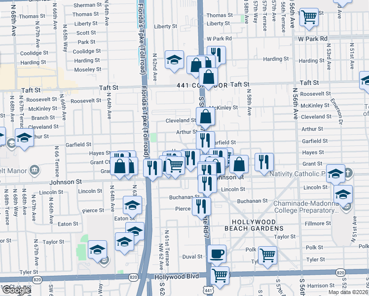 map of restaurants, bars, coffee shops, grocery stores, and more near 6045 Garfield Street in Hollywood