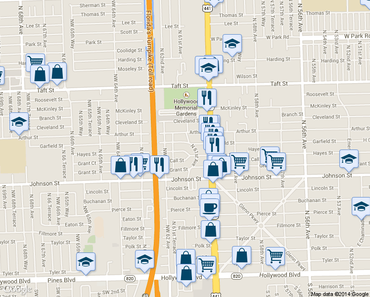 map of restaurants, bars, coffee shops, grocery stores, and more near 6129 Garfield Street in Hollywood