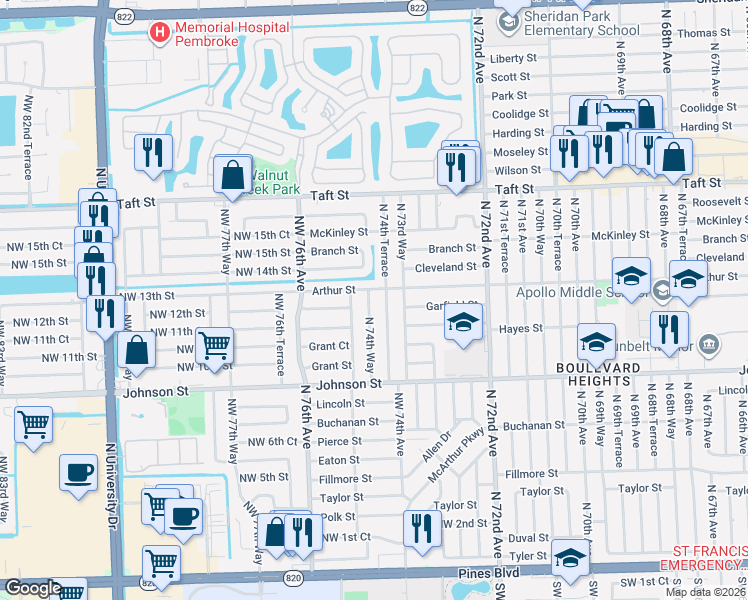 map of restaurants, bars, coffee shops, grocery stores, and more near 1301 North 74th Terrace in Hollywood