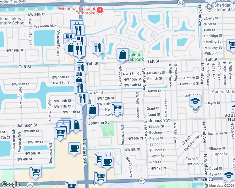 map of restaurants, bars, coffee shops, grocery stores, and more near 7781 Northwest 13th Street in Pembroke Pines