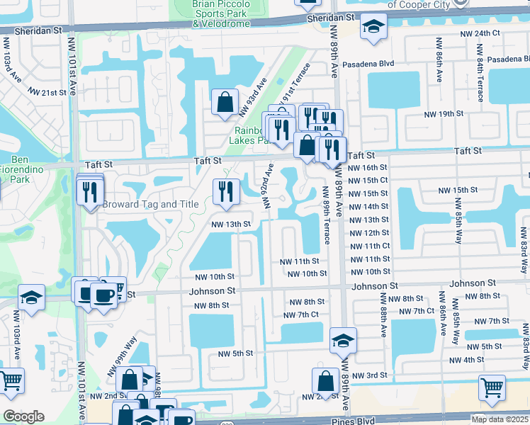 map of restaurants, bars, coffee shops, grocery stores, and more near 9271 Northwest 14th Court in Pembroke Pines