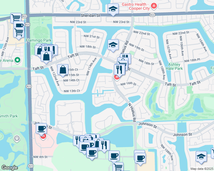 map of restaurants, bars, coffee shops, grocery stores, and more near 11300 Northwest 16th Street in Pembroke Pines