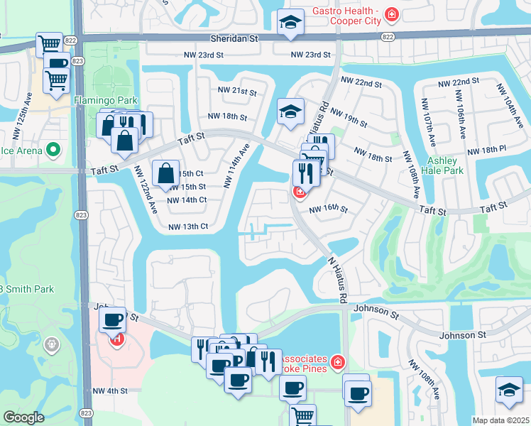 map of restaurants, bars, coffee shops, grocery stores, and more near 11300 Northwest 16th Street in Pembroke Pines