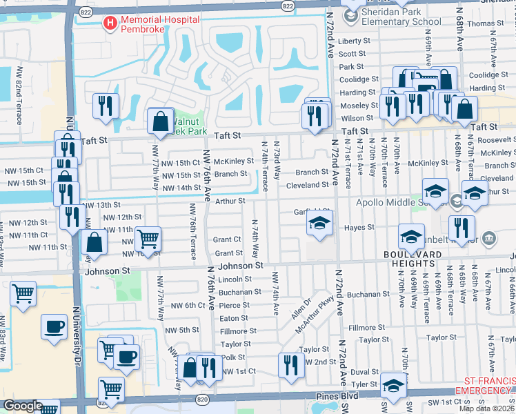 map of restaurants, bars, coffee shops, grocery stores, and more near 1301 North 74th Terrace in Hollywood