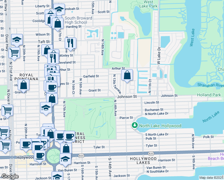 map of restaurants, bars, coffee shops, grocery stores, and more near 1012 North 13th Terrace in Hollywood
