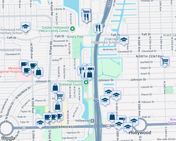 map of restaurants, bars, coffee shops, grocery stores, and more near 3046 Hayes Street in Hollywood