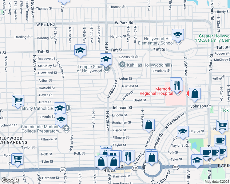 map of restaurants, bars, coffee shops, grocery stores, and more near 1115 North 46th Avenue in Hollywood