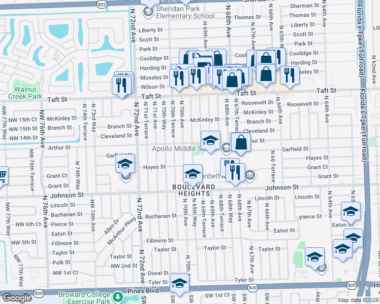 map of restaurants, bars, coffee shops, grocery stores, and more near 1230 North 69th Way in Hollywood