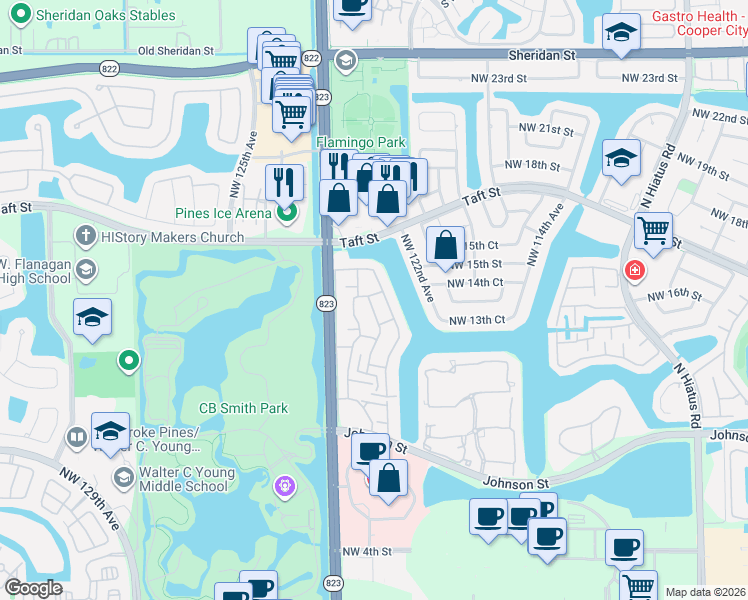 map of restaurants, bars, coffee shops, grocery stores, and more near 12286 Northwest 14th Street in Pembroke Pines