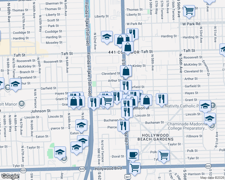 map of restaurants, bars, coffee shops, grocery stores, and more near 6045 Garfield Street in Hollywood
