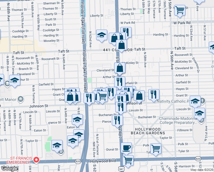 map of restaurants, bars, coffee shops, grocery stores, and more near 6045 Garfield Street in Hollywood
