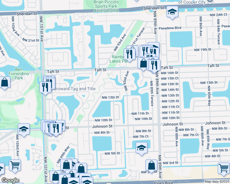 map of restaurants, bars, coffee shops, grocery stores, and more near 9271 Northwest 14th Court in Pembroke Pines