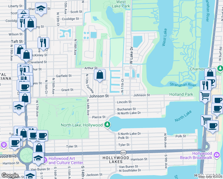 map of restaurants, bars, coffee shops, grocery stores, and more near 1011 North 12th Terrace in Hollywood