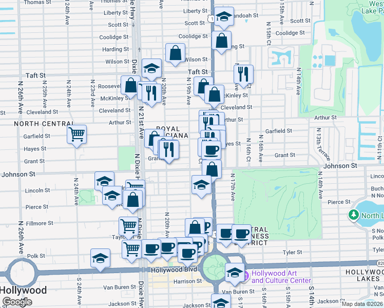 map of restaurants, bars, coffee shops, grocery stores, and more near 1019 North 19th Avenue in Hollywood