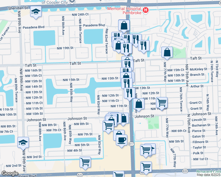 map of restaurants, bars, coffee shops, grocery stores, and more near 8211 Northwest 13th Street in Pembroke Pines