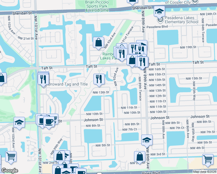 map of restaurants, bars, coffee shops, grocery stores, and more near 9271 Northwest 14th Court in Pembroke Pines