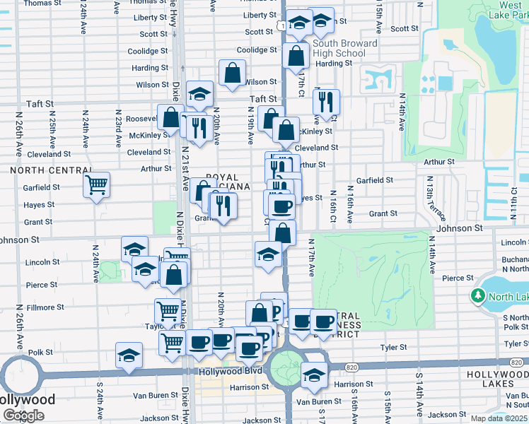 map of restaurants, bars, coffee shops, grocery stores, and more near 1019 North 19th Avenue in Hollywood