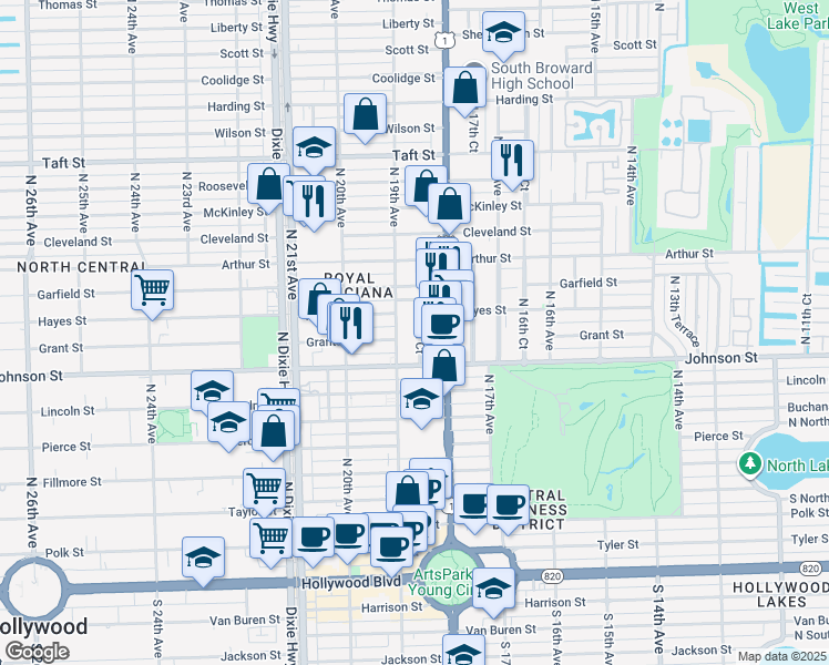 map of restaurants, bars, coffee shops, grocery stores, and more near 1008 North 18th Court in Hollywood