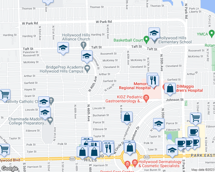 map of restaurants, bars, coffee shops, grocery stores, and more near 4303 Hayes Street in Hollywood