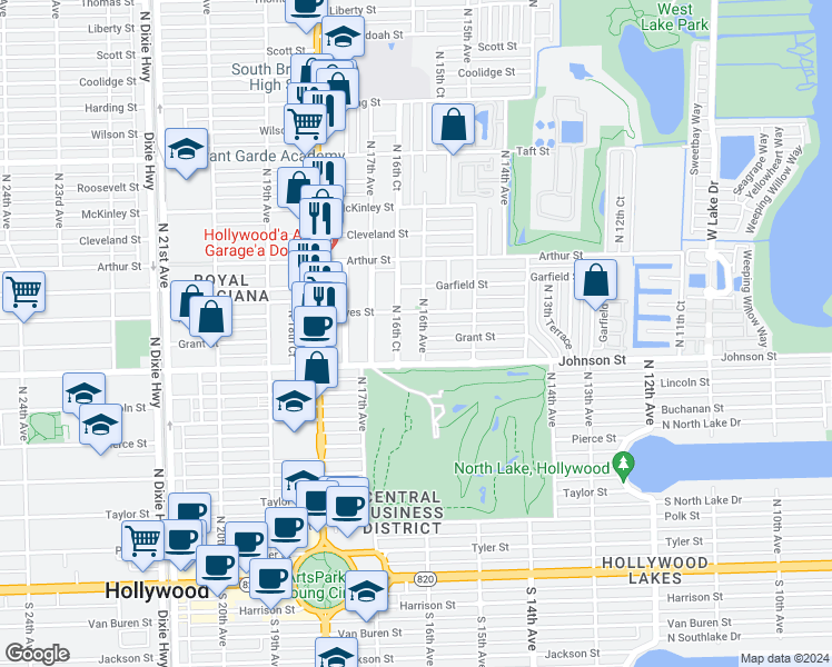 map of restaurants, bars, coffee shops, grocery stores, and more near 1031 North 16th Avenue in Hollywood
