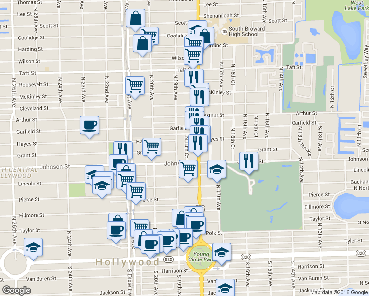 map of restaurants, bars, coffee shops, grocery stores, and more near 1019 North 19th Avenue in Hollywood