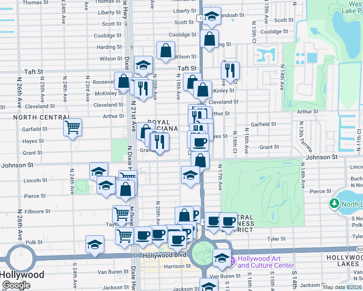 map of restaurants, bars, coffee shops, grocery stores, and more near 1019 North 19th Avenue in Hollywood