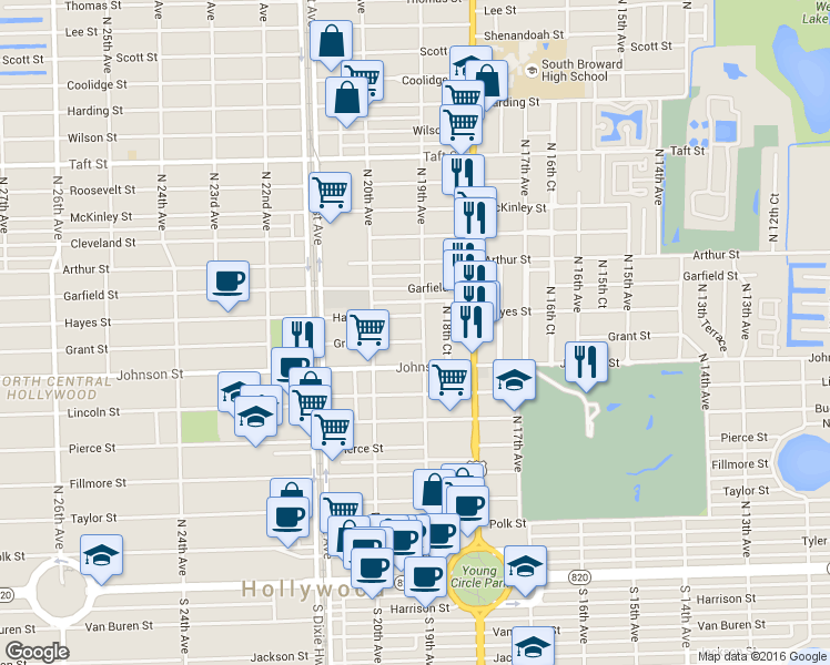map of restaurants, bars, coffee shops, grocery stores, and more near 1019 North 19th Avenue in Hollywood