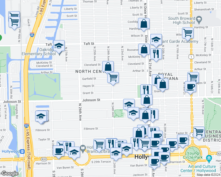 map of restaurants, bars, coffee shops, grocery stores, and more near 2418 Hayes Street in Hollywood