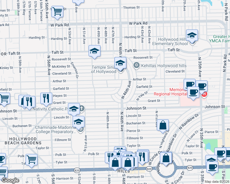 map of restaurants, bars, coffee shops, grocery stores, and more near 4712 Garfield Street in Hollywood